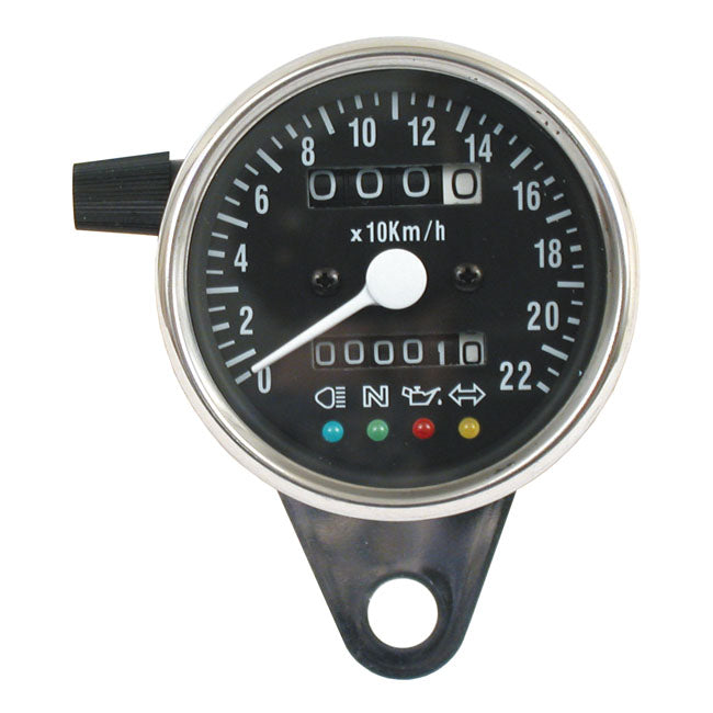 LED Mini Speedometer (Tacho) 2:1 kmh. Chrome mit schwarzem Ziffernblatt